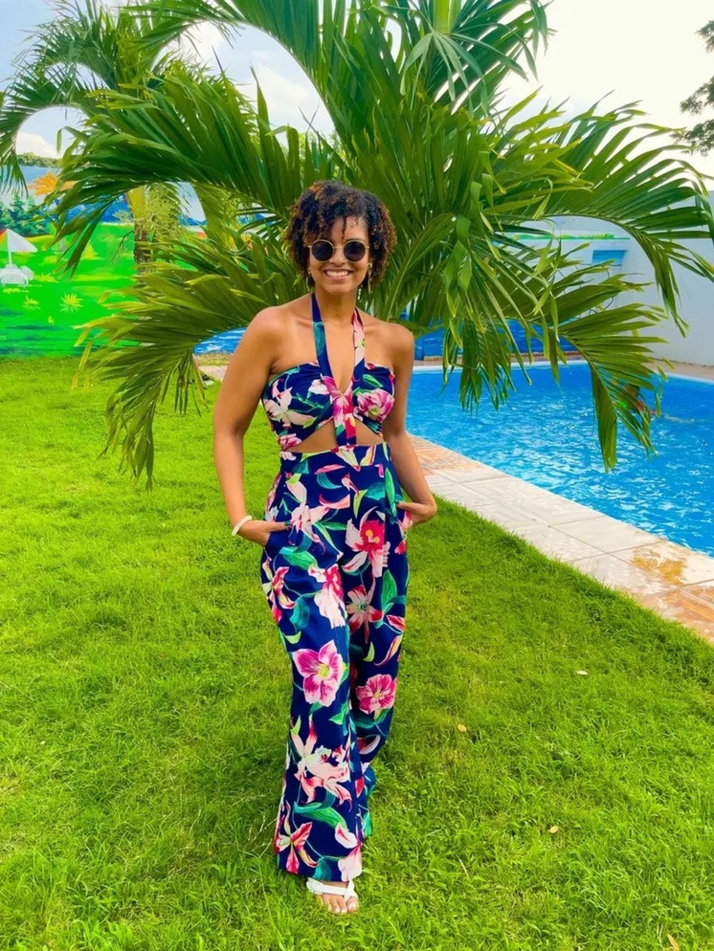 PatBO Laelia Cutout Jumpsuit Floral Halter Wide-Leg Jumpsuit in Midnight - Picture 5 of 10